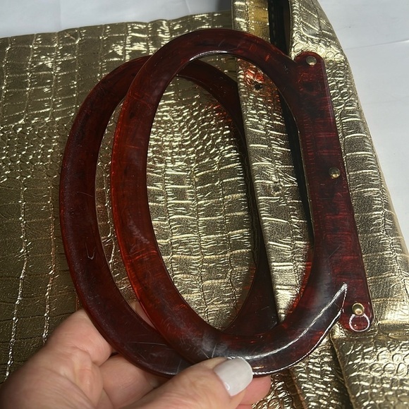 Vintage Lady's Pride Gold Croc Embossed  Folding Lucite Double Handle Tote Bag - Picture 7 of 11